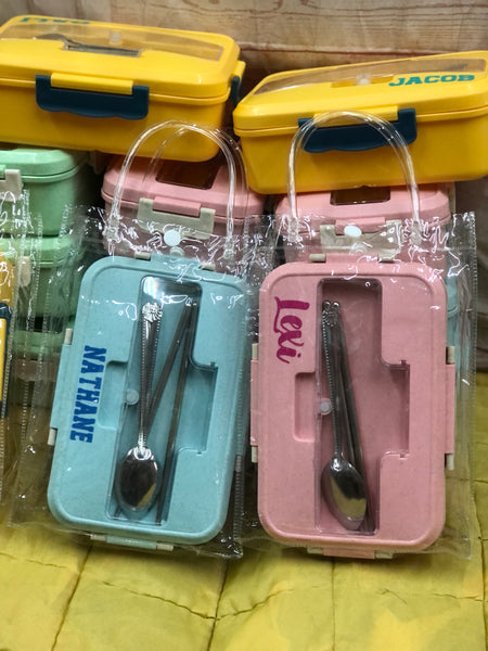 3 division Eco Friendly Lunch Box with utensils with personalized name